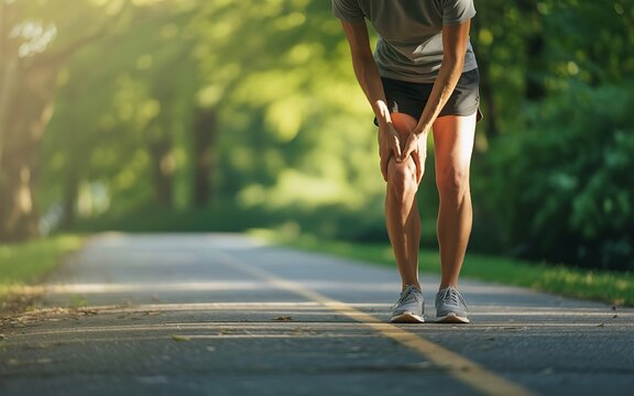 Runner with knee pain on road outdoors in nature with green trees.