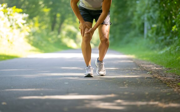 Runner with knee pain on road outdoors in nature with green trees.