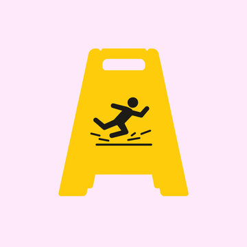 A yellow sign warns of a potential slip hazard on a light pink background