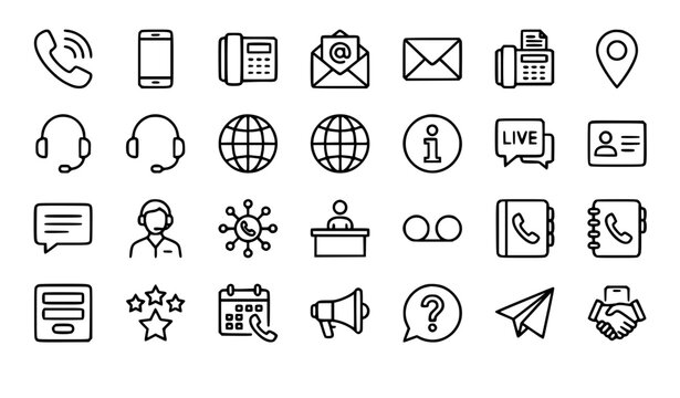 Modern Contact and Customer Support Outline Icons with Phone Mail and Communication Symbols