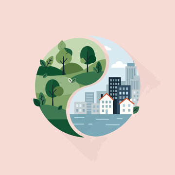 A circular illustration showing nature and city in harmony