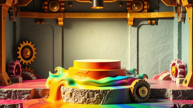 Colorful liquid flows around central cylinder. Gears, pipes, structure suggest complex machinery. Dramatic lighting creates strong contrast.