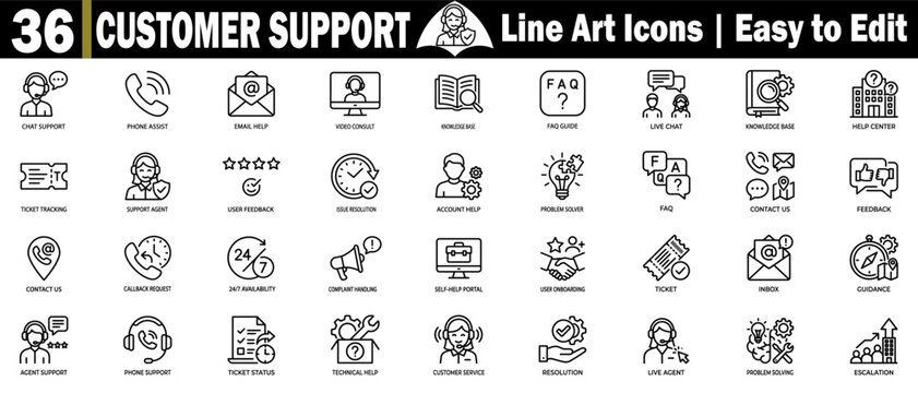 Customer support line art icon set. Featuring various communication channels and help desk service assistance tools online.