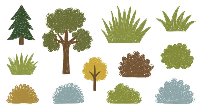 Collection of cartoon trees and bushes isolated on white.