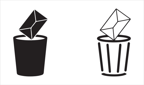 Message disposal icons depicting envelope entering trash container for digital junk and spam management ui.