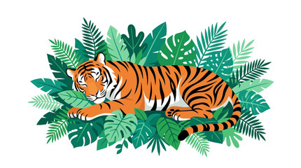 Tiger resting among lush green tropical foliage © Bosss