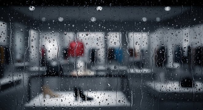 Rainy view through a shop window showing footwear and displays