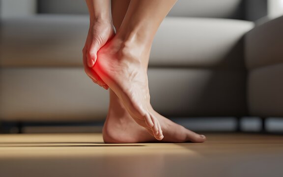 Person holding foot heel with red pain symbol plantar fasciitis heel spur discomfort.