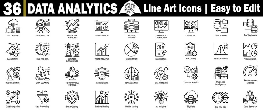 Data analytics line art icons set. Featuring predictive modeling, big data storage, visualization, and business intelligence concepts.