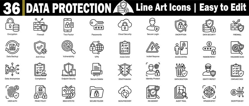 Data protection line icons set. Security and privacy in internet technology concept. Outline icons collection.