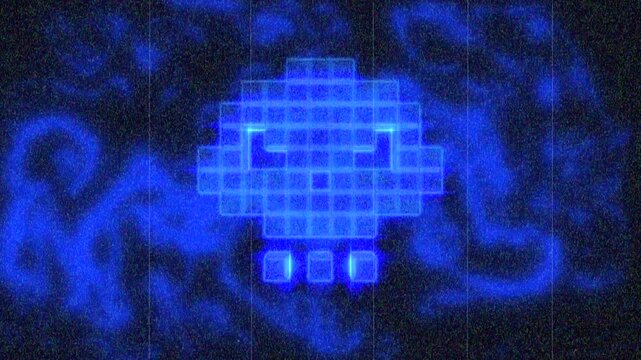 3D style human skull symbol spinning with fluid and blue fire effects