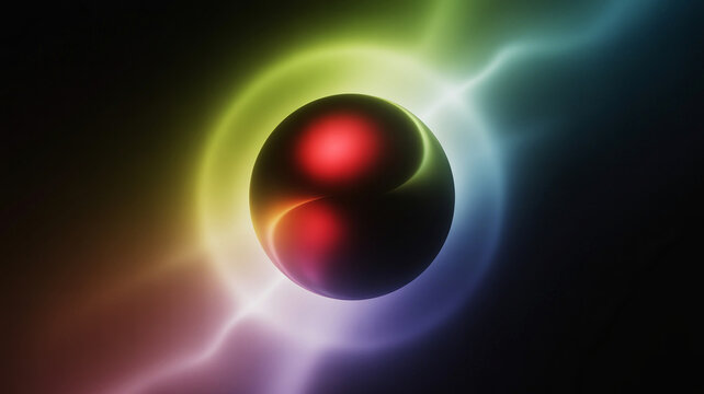 Abstract sphere with dual red nuclei and glowing colorful energy rings in dark background abstract particle futuristic background spectrum