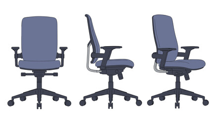 Fototapeta premium Views of a modern blue office chair from the front, side, and three-quarters perspectives showing its ergonomic design.
