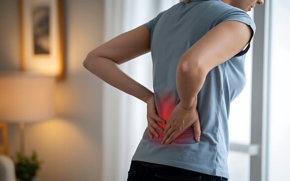 Woman with lower back pain highlighted spine inflammation ache discomfort healthcare.