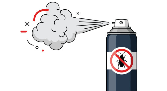Dark blue insecticide spray bottle emitting a cloud of chemical gas with a crossed-out cockroach symbol on the label.