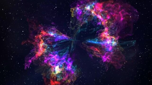 This nebula emits a magical combination of bright colors such as purple, pink, blue, yellow, and green, as it rotates slowly and dynamically.