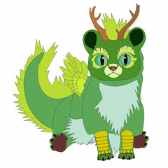Fototapeta premium Adorable green fantasy forest creature with antlers, fluffy tail and large expressive eyes. Cute cartoon animal character in vector style, suitable for children's books, games, stickers and educationa