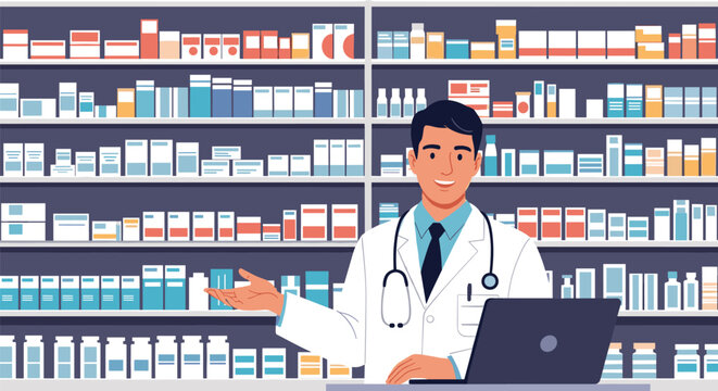 Friendly male pharmacist in a white coat welcomes customers in a modern drugstore with shelves full of various medications and treatments.