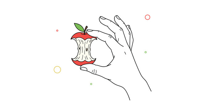 Hand holding a half-eaten red apple core with teeth marks against a plain white background for nutrition and waste management themes.