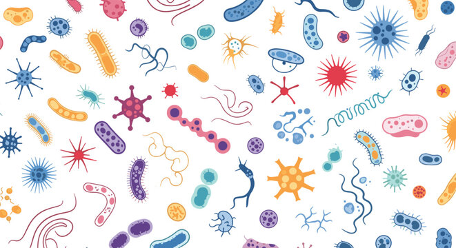 Colorful background pattern featuring diverse types of bacteria, viruses, and microorganisms of different shapes and sizes.