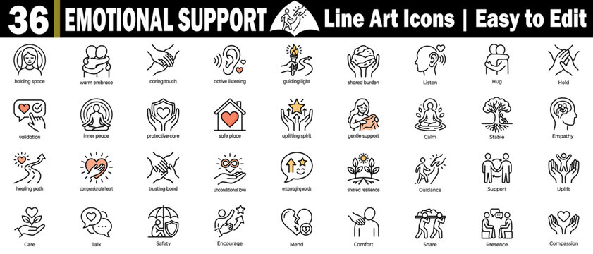 Emotional support line art icons set. Featuring warm embrace, caring touch, active listening, guided path, and mental wellness concepts.