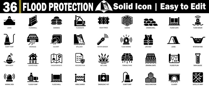 Flood protection solid icons for disaster prevention and emergency preparedness, are essential tools for safety.