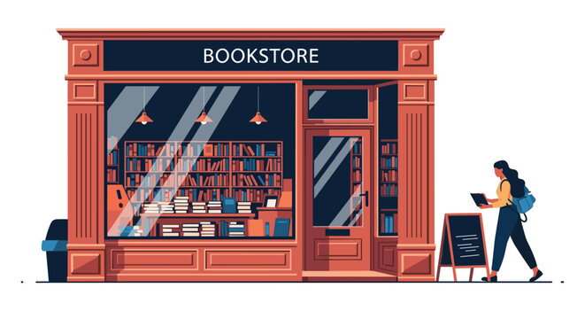 Classic red bookstore storefront with large windows showing bookshelves, and a female student with a backpack walking by holding a tablet.