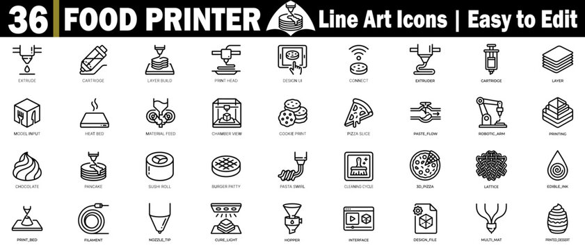 Food printer line art style vector icons. Representing advanced culinary technology and digital devices.