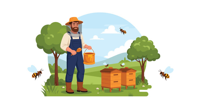 Male beekeeper wearing protective gear and a hat holding a honey bucket in a sunny field with wooden hives and buzzing bees.