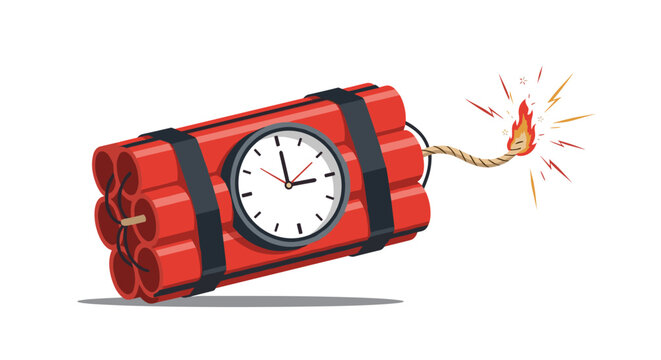 Bundle of red dynamite sticks with a black clock timer and a burning fuse emitting sparks, representing a time bomb or imminent danger.