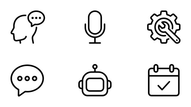 AI Chatbot and Communication Icons Set, Technology and Business Symbols, Vector Graphics for Digital Services and Support
