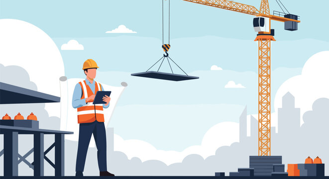 Construction worker in a hard hat and safety vest standing at a site while a tower crane lifts a platform against a city skyline.