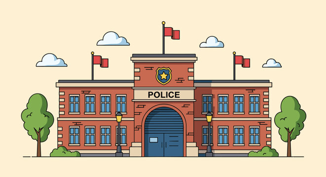 Traditional two story brick police station building with blue doors, red flags, and a central shield emblem in a suburban area.
