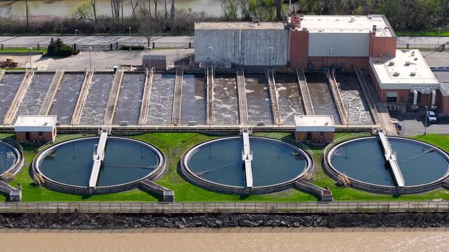 Aerial view of a wastewater treatment plant facility