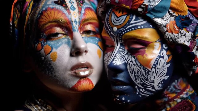 Woman with tribal face paint and headscarf in dramatic lighting during expressive portrait session