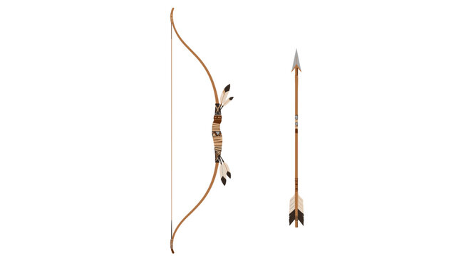 Traditional wooden longbow and feathered arrow isolated on a white background for archery sports or historical reenactment.