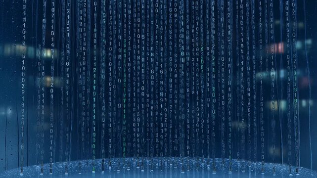 Digital code streams like rain on a windowpane with blurred city lights at night