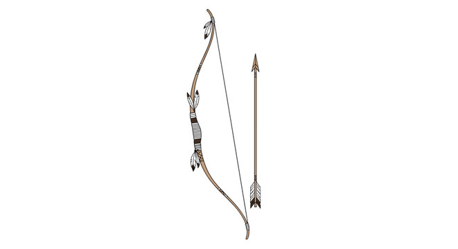 Handcrafted tribal style bow and arrow decorated with white feathers and a textured grip isolated on a clean white background.