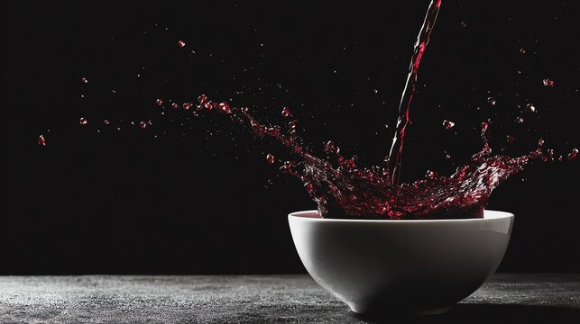 Red liquid splashing into a white bowl.