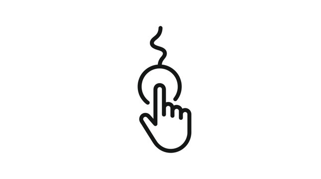 Minimalist black outline icon showing a human hand finger pressing down on a circular computer mouse button symbol for digital interface design and web user interaction