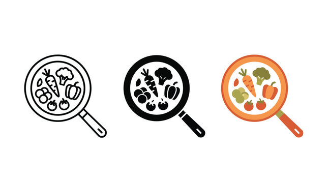 Three distinct styles of frying pan icons displaying assorted fresh vegetables including carrots broccoli and tomatoes in a simple clean flat vector graphic design art set