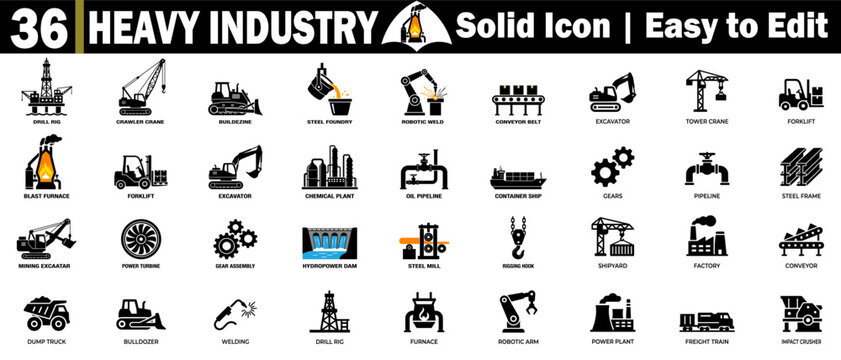 Set of 36 heavy industry solid icons. Depicting various industrial processes and machinery, easy-to-edit solid icons.