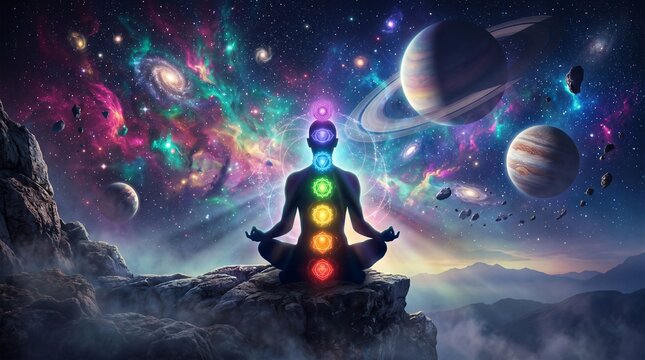 Cosmic Chakra Meditation in Deep Space with Planets and Galaxy Background