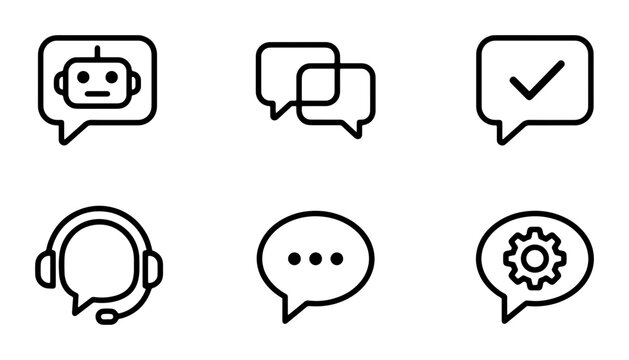 Chatbot and Communication Icons Set, AI Assistant and Support Symbols, Speech Bubbles and Messaging Graphics, Vector Elements for Digital Interaction