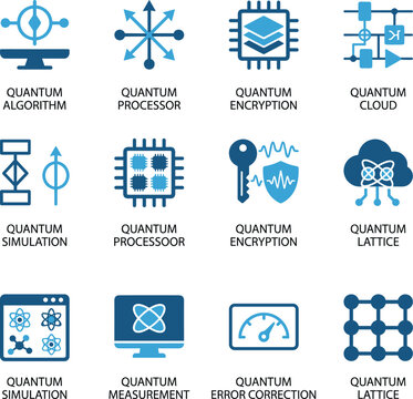 Quantum computing icon set with 12 vector symbols, blue technology icons for quantum algorithm and processor, flat encryption and cloud data graphics