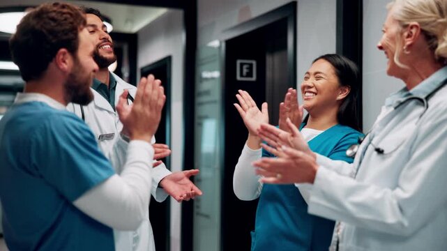 Applause, hospital and doctors with nurses for stack of hands with collaboration, unity and solidarity. Happy, people and group of healthcare employees in circle for team or medical support in clinic