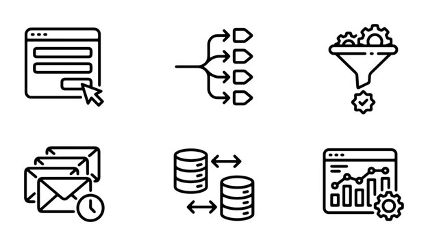Data Analysis Icons, Business Process Flowcharts, Email Marketing Icons, Database Management Icons, Web Analytics Icons, Vector Set for Digital Strategy