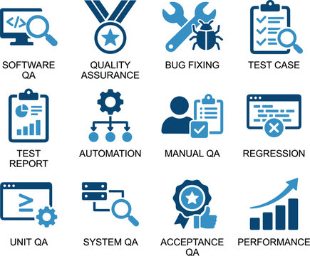 Software QA and quality assurance icon set, 12 blue vector icons for bug fixing and automation, software testing and manual QA symbols