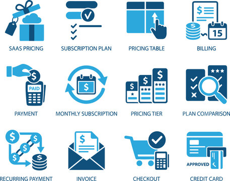 SaaS pricing and subscription plan icon set, 12 blue flat vector icons for billing and payment, monthly recurring revenue and invoice symbols