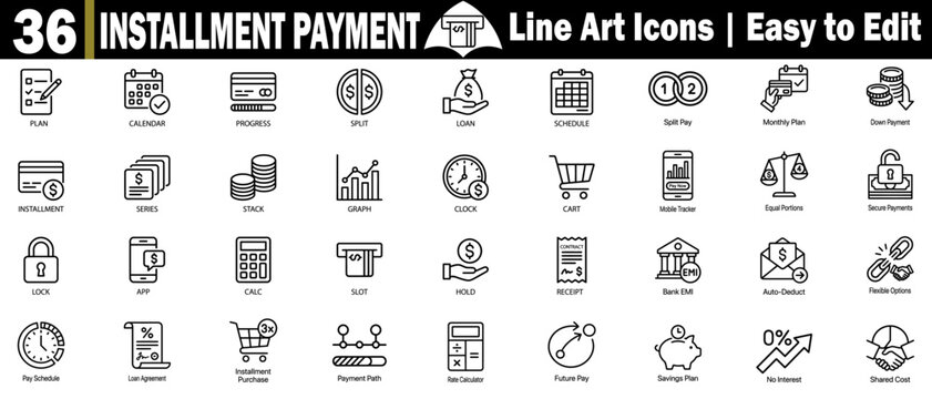 Installment payment line art icons. Collection of plans, schedules, loan recurring agreements, and finance tracking, making it easy to edit.
